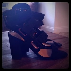 Qupid Black Suede Caged Heels Size 8
